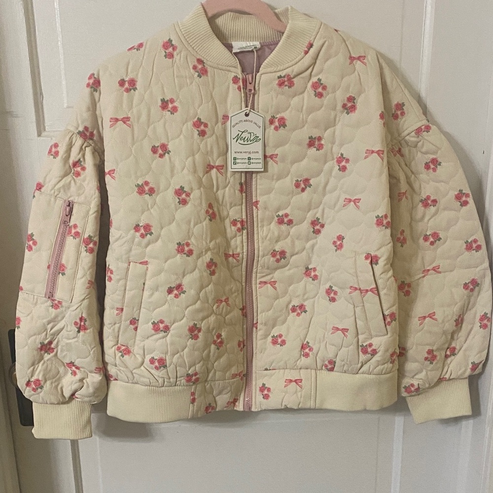 Very J Floral Puffer Jacket - Cream and Pink Made in the USA